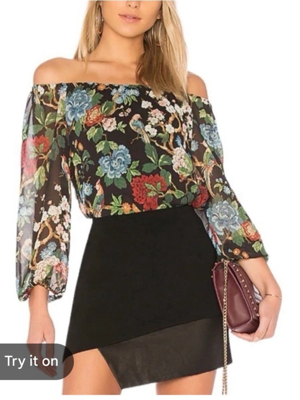 Alice + Olivia Alta Peasant Blouse top black floral birds sz S romance boho